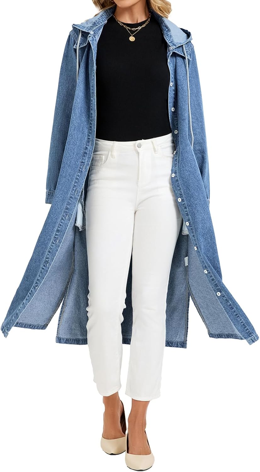 Women's Long Denim Jackets Maxi Trench Coat Jean Jacket