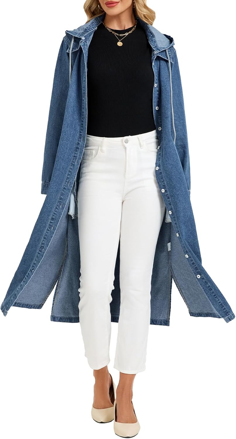 Women's Long Denim Jackets Maxi Trench Coat Jean Jacket