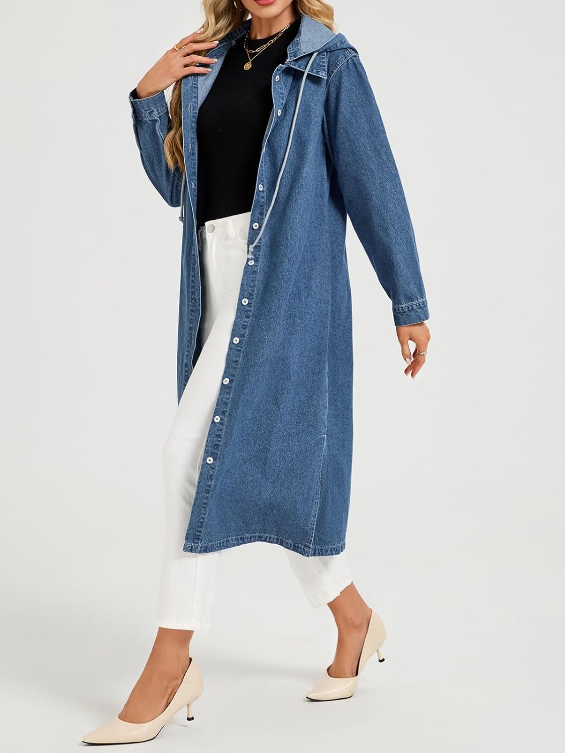Women's Long Denim Jackets Maxi Trench Coat Jean Jacket