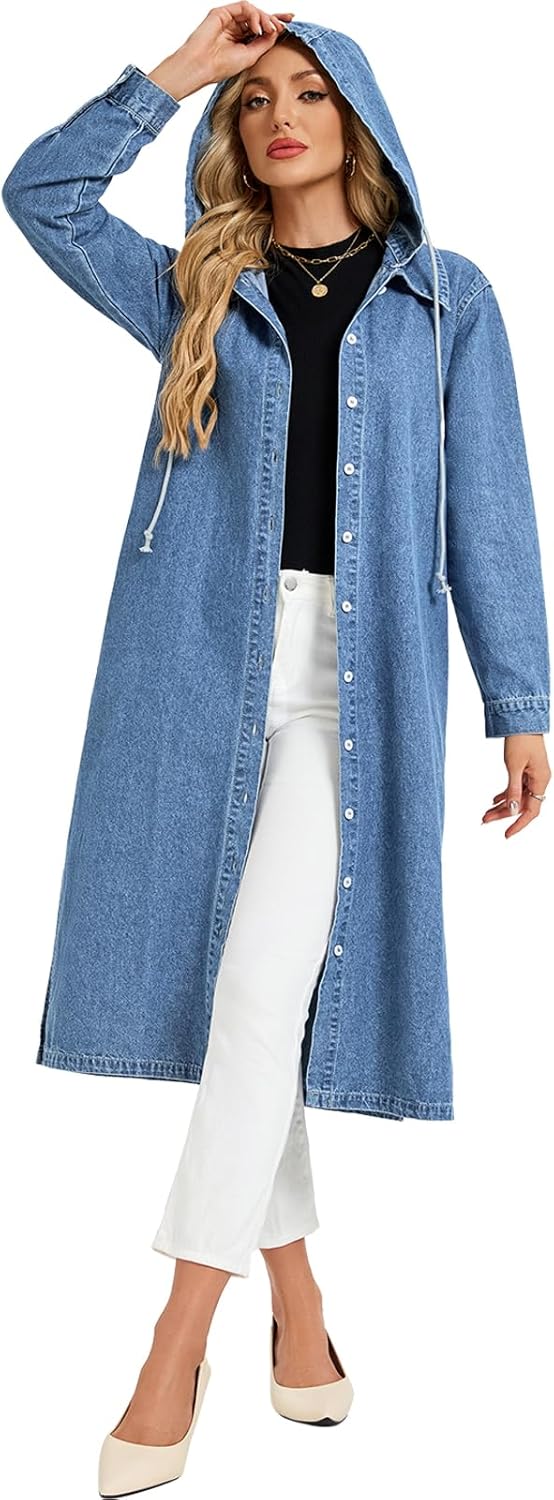 Women's Long Denim Jackets Maxi Trench Coat Jean Jacket