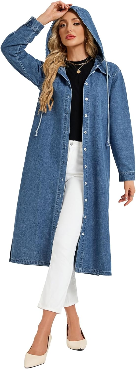 Women's Long Denim Jackets Maxi Trench Coat Jean Jacket