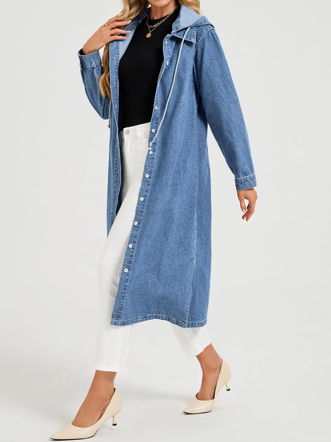 Women's Long Denim Jackets Maxi Trench Coat Jean Jacket