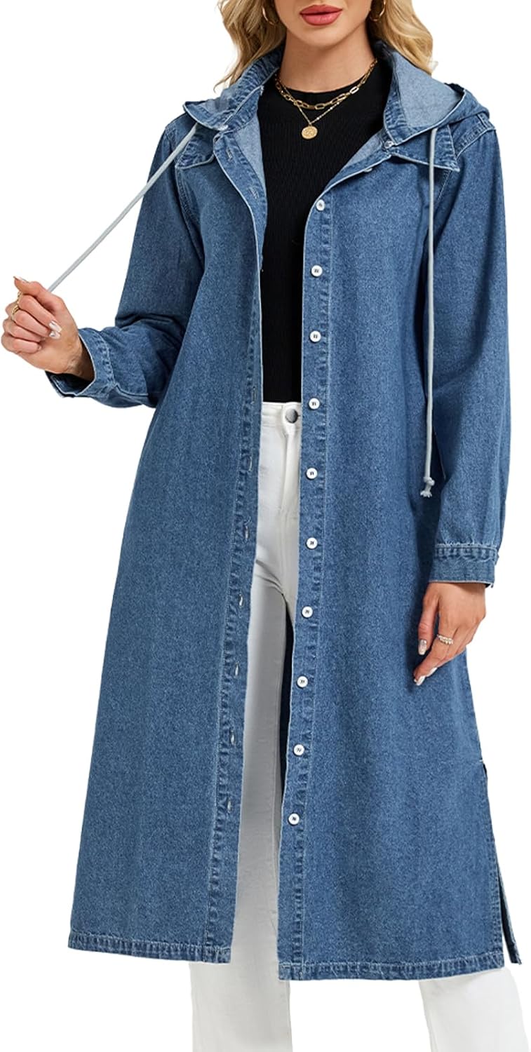 Women's Long Denim Jackets Maxi Trench Coat Jean Jacket