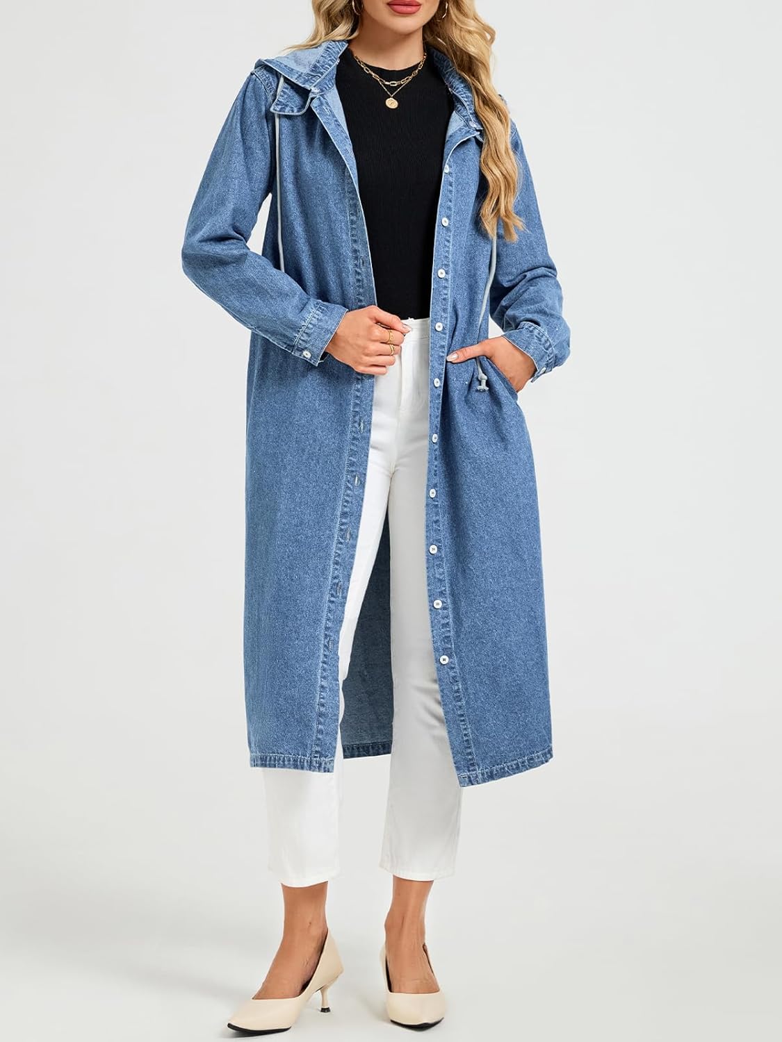 Women's Long Denim Jackets Maxi Trench Coat Jean Jacket